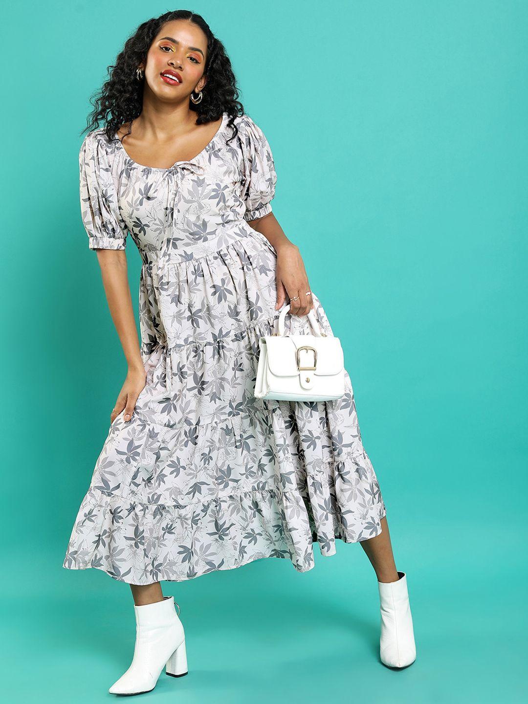 tokyo talkies off white & green floral print puff sleeve fit & flare midi dress