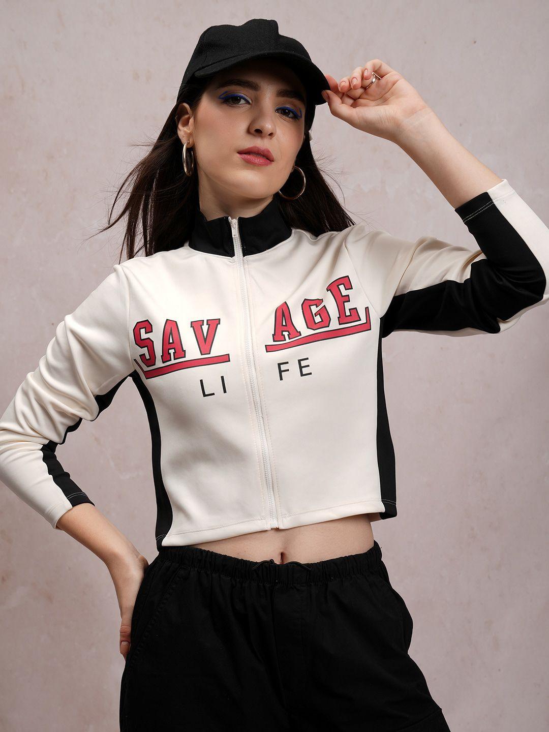 tokyo talkies off white colourblocked slim fit crop sporty jacket