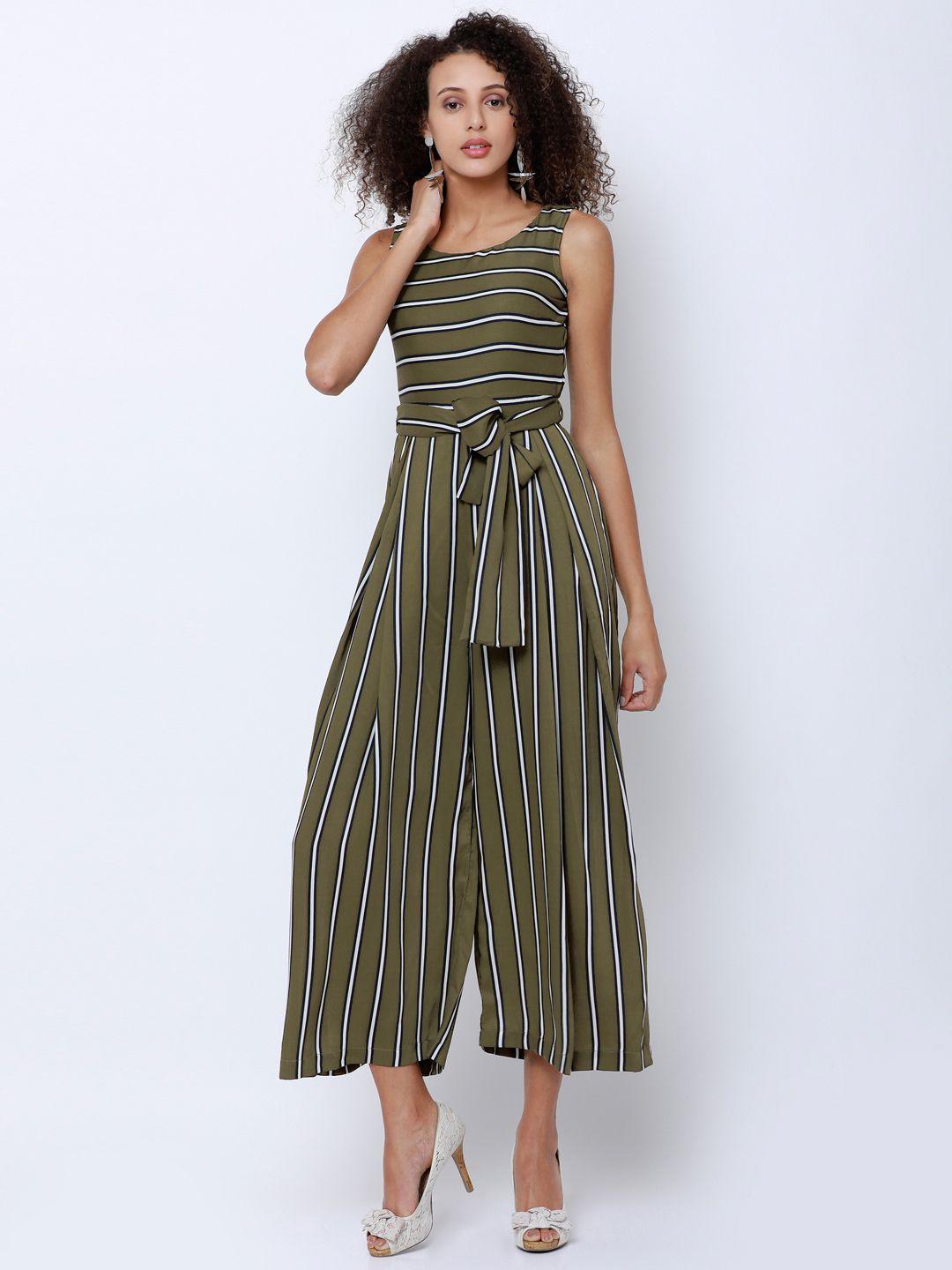 tokyo talkies olive green & white striped culotte jumpsuit