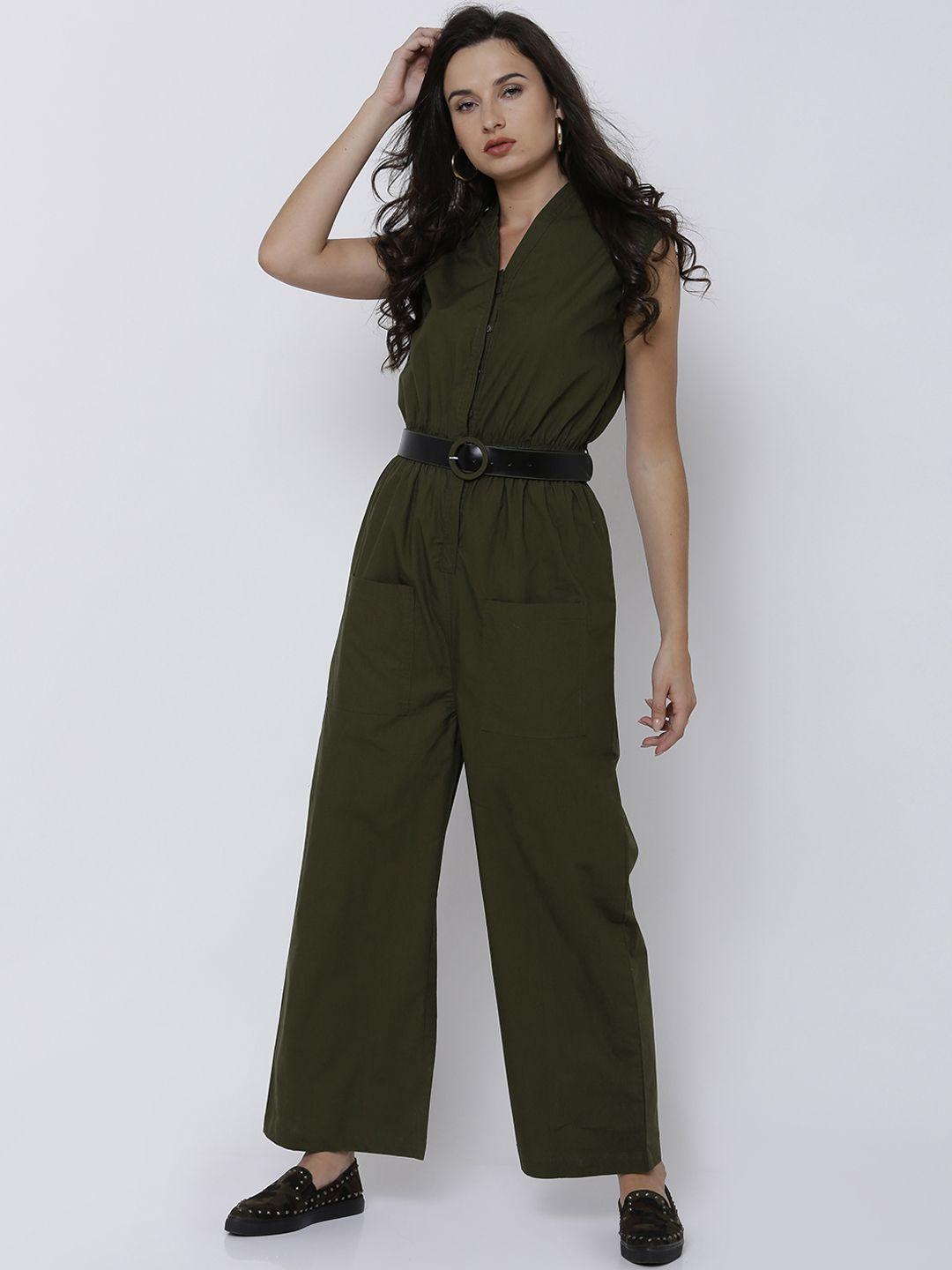 tokyo talkies olive green solid basic jumpsuit