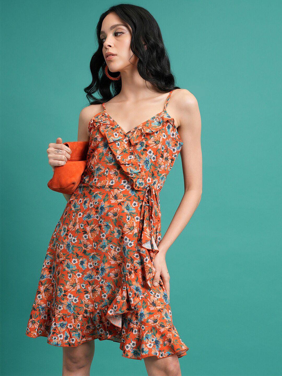 tokyo talkies orange floral printed ruffled tie up mini dress