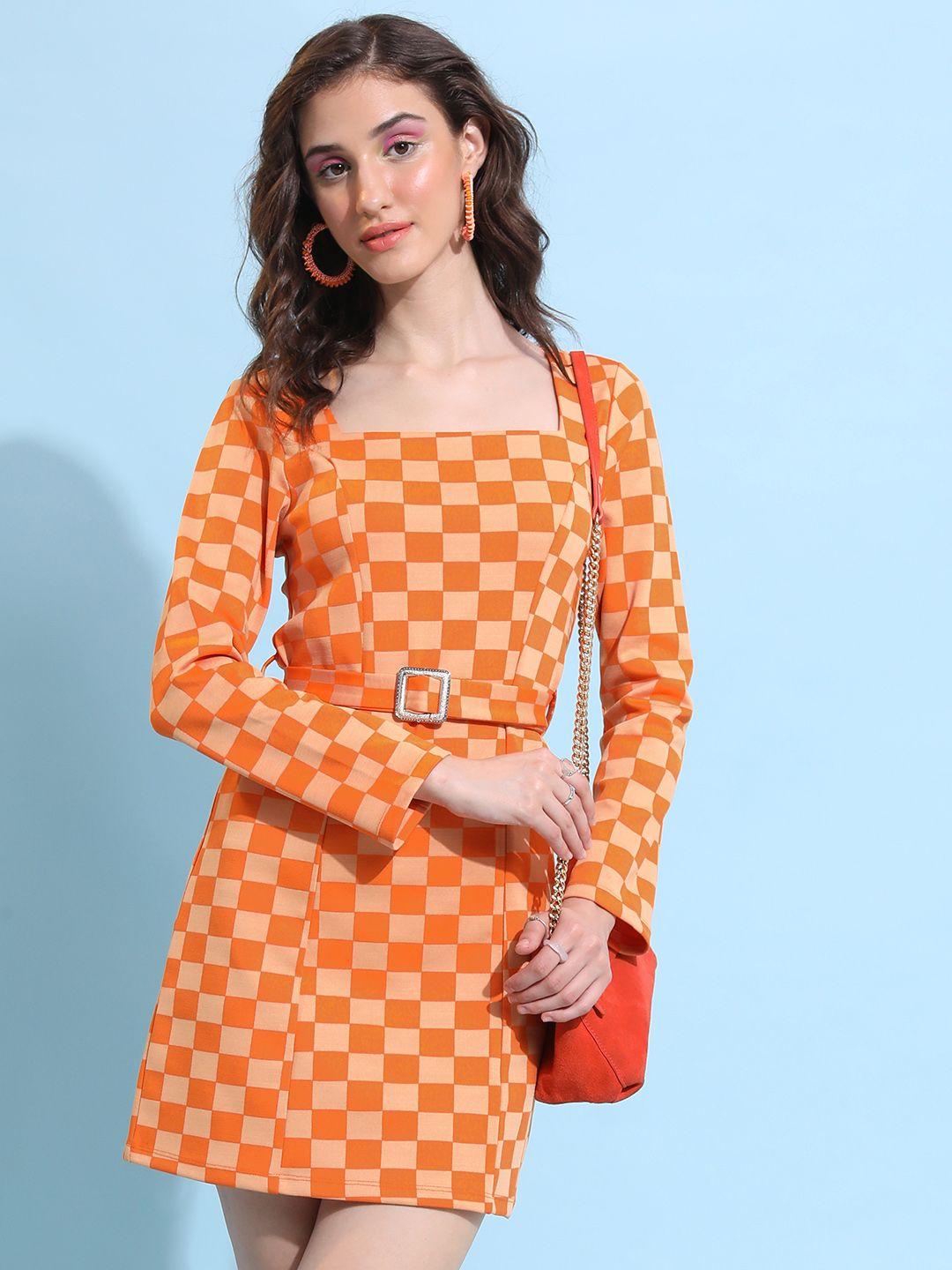 tokyo talkies orange geometric printed square neck sheath dress