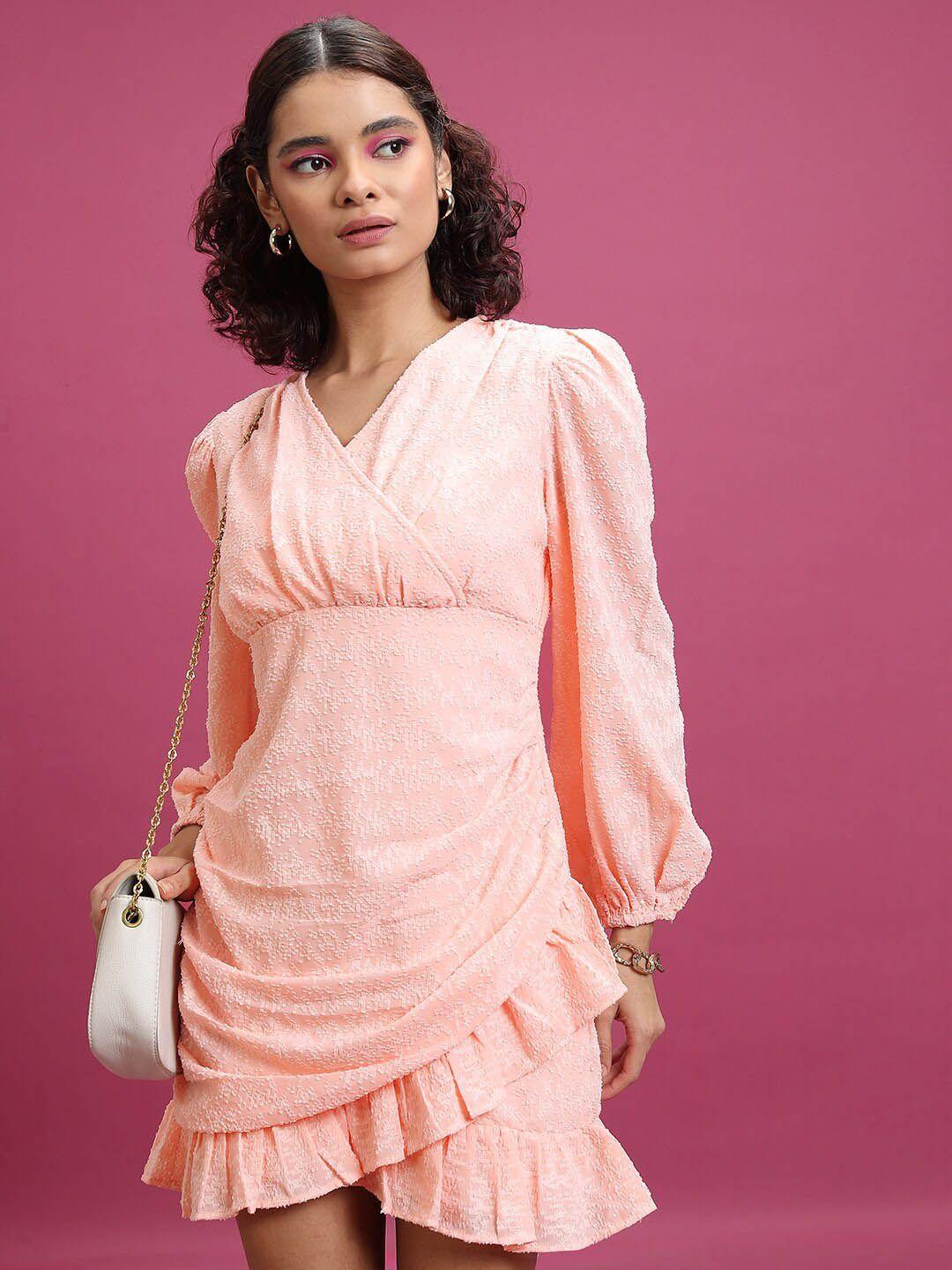 tokyo talkies peach-coloured self design puff sleeves wrap mini dress