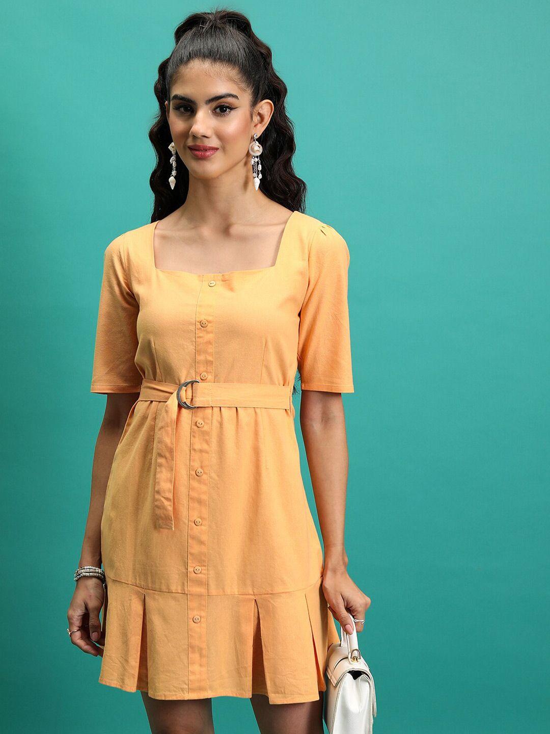 tokyo talkies peach-coloured square neck cotton fit & flare dress