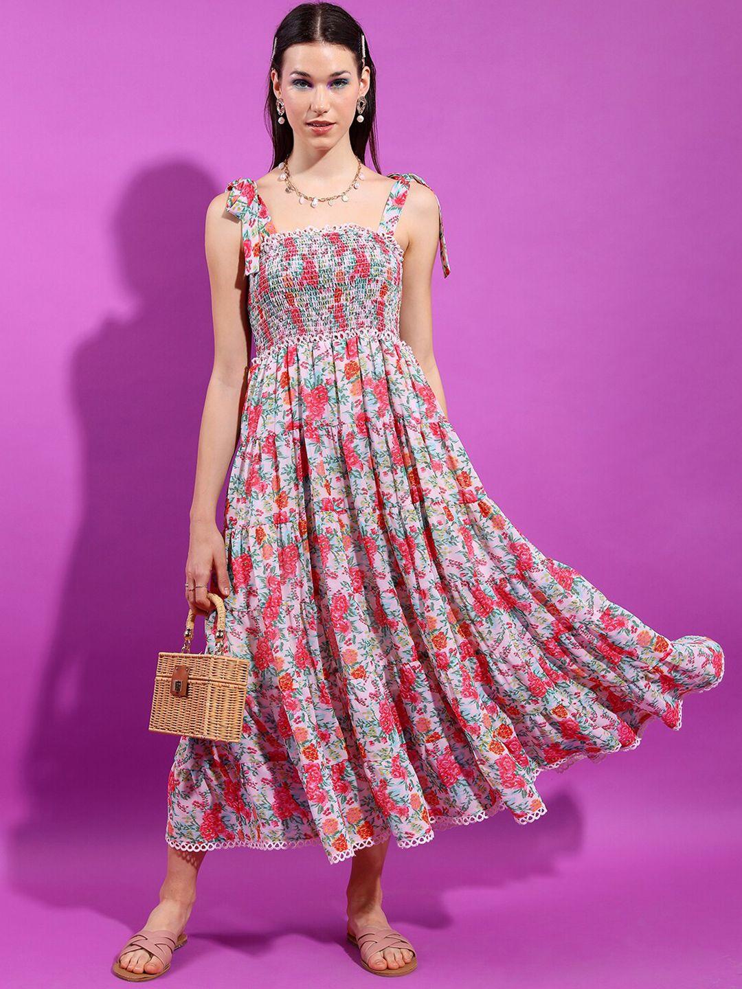 tokyo talkies pink & red floral printed smocked tiered fit & flare midi dress