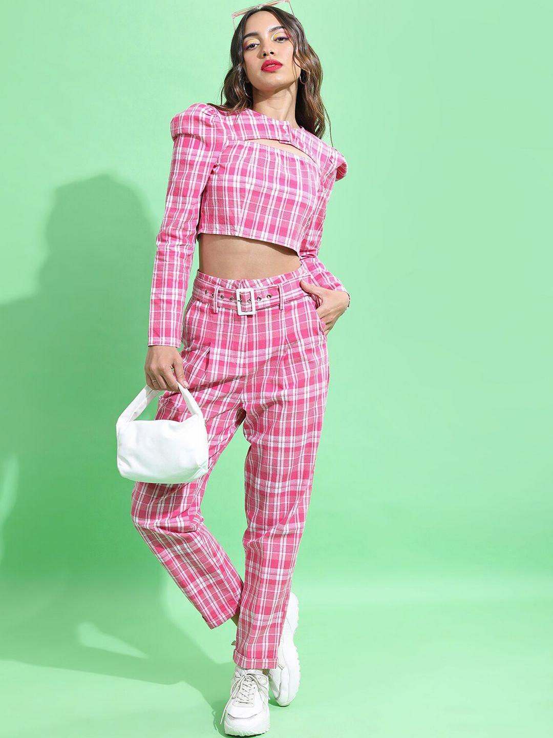 tokyo talkies pink checked pure cotton top with trouser