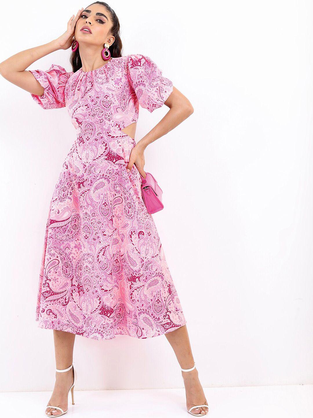 tokyo talkies pink ethnic printed midi fit and flare dress