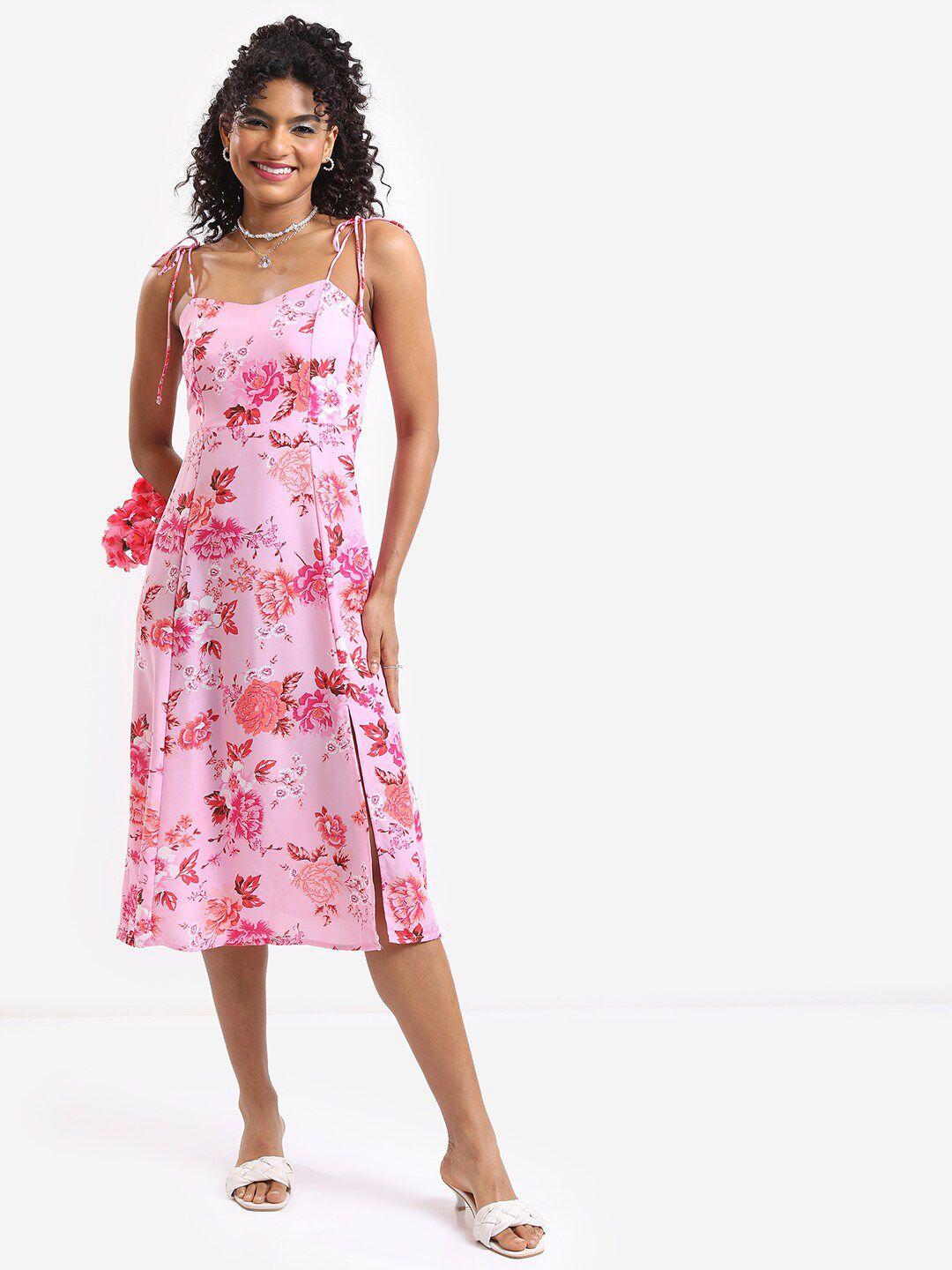 tokyo talkies pink floral printed a-line midi dress