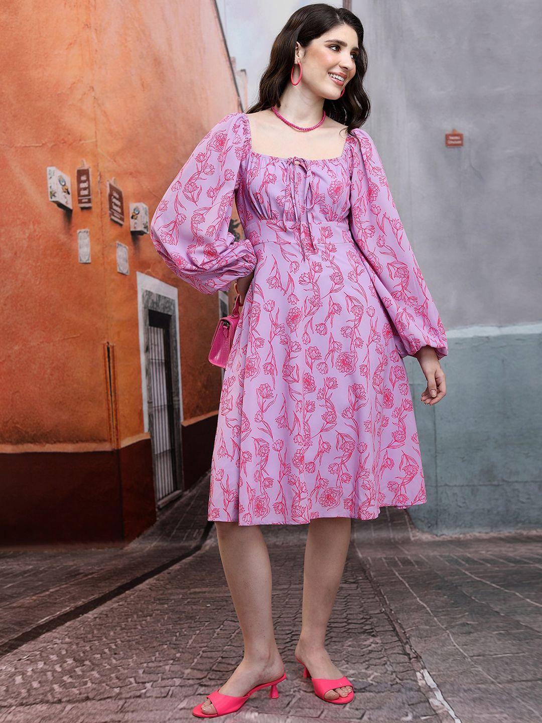 tokyo talkies pink floral printed bishop sleeves a-line dress