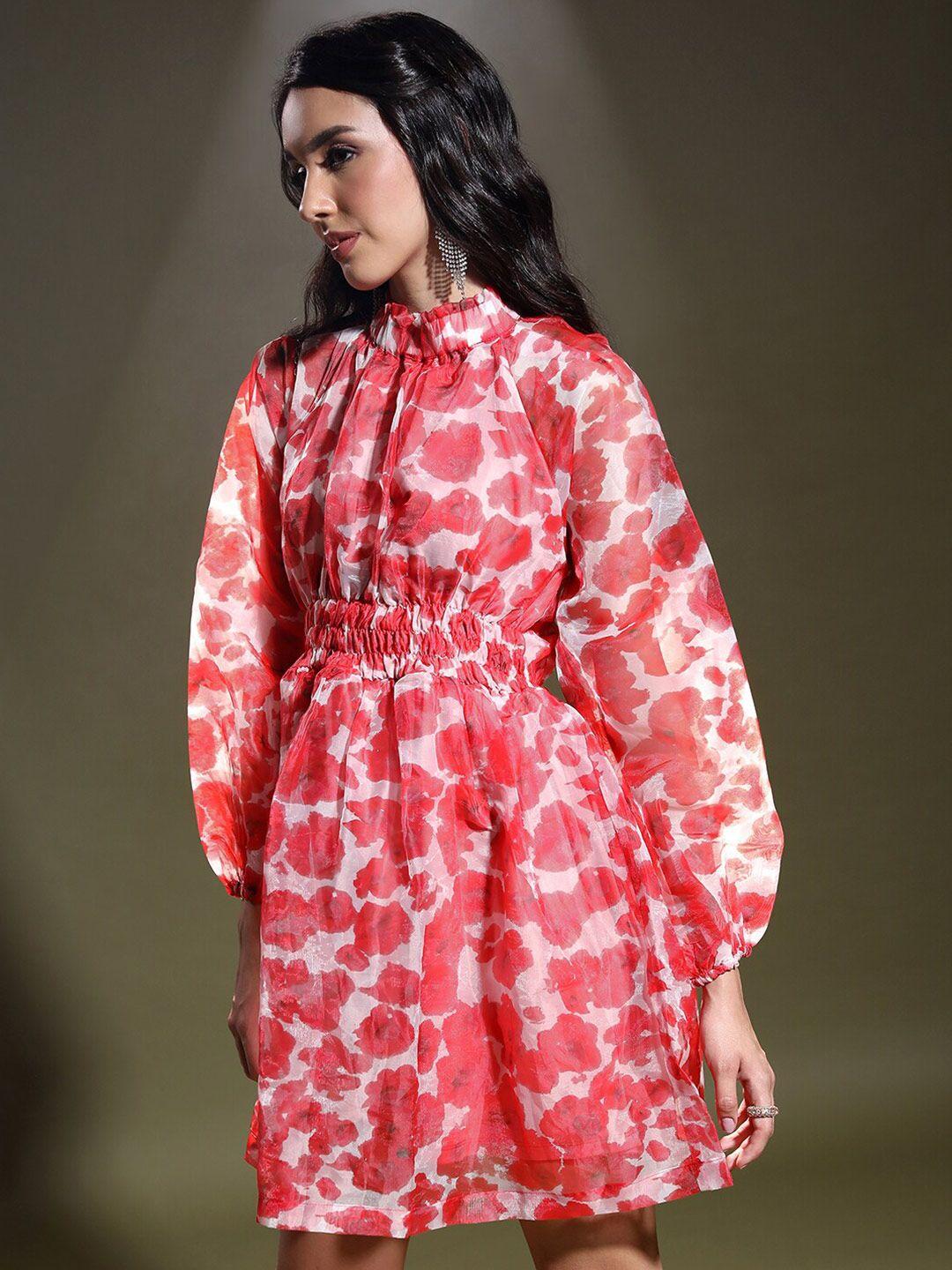 tokyo talkies pink floral printed high neck puff sleeves fit & flare dress