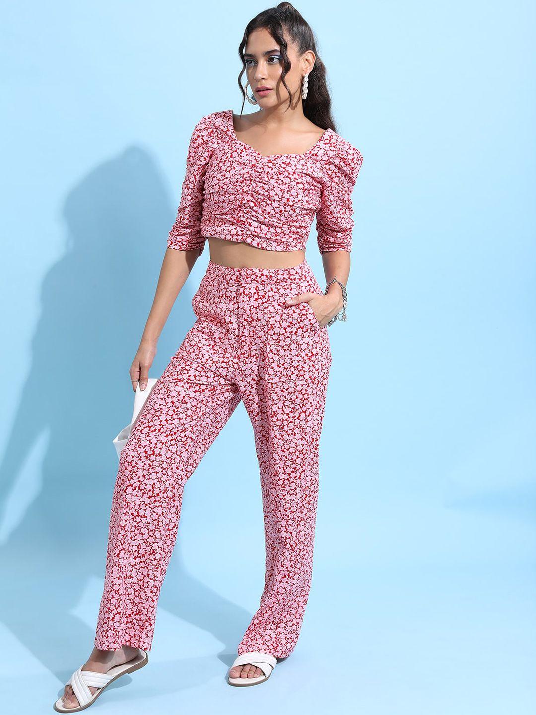 tokyo talkies pink floral printed pure cotton crop top & trousers