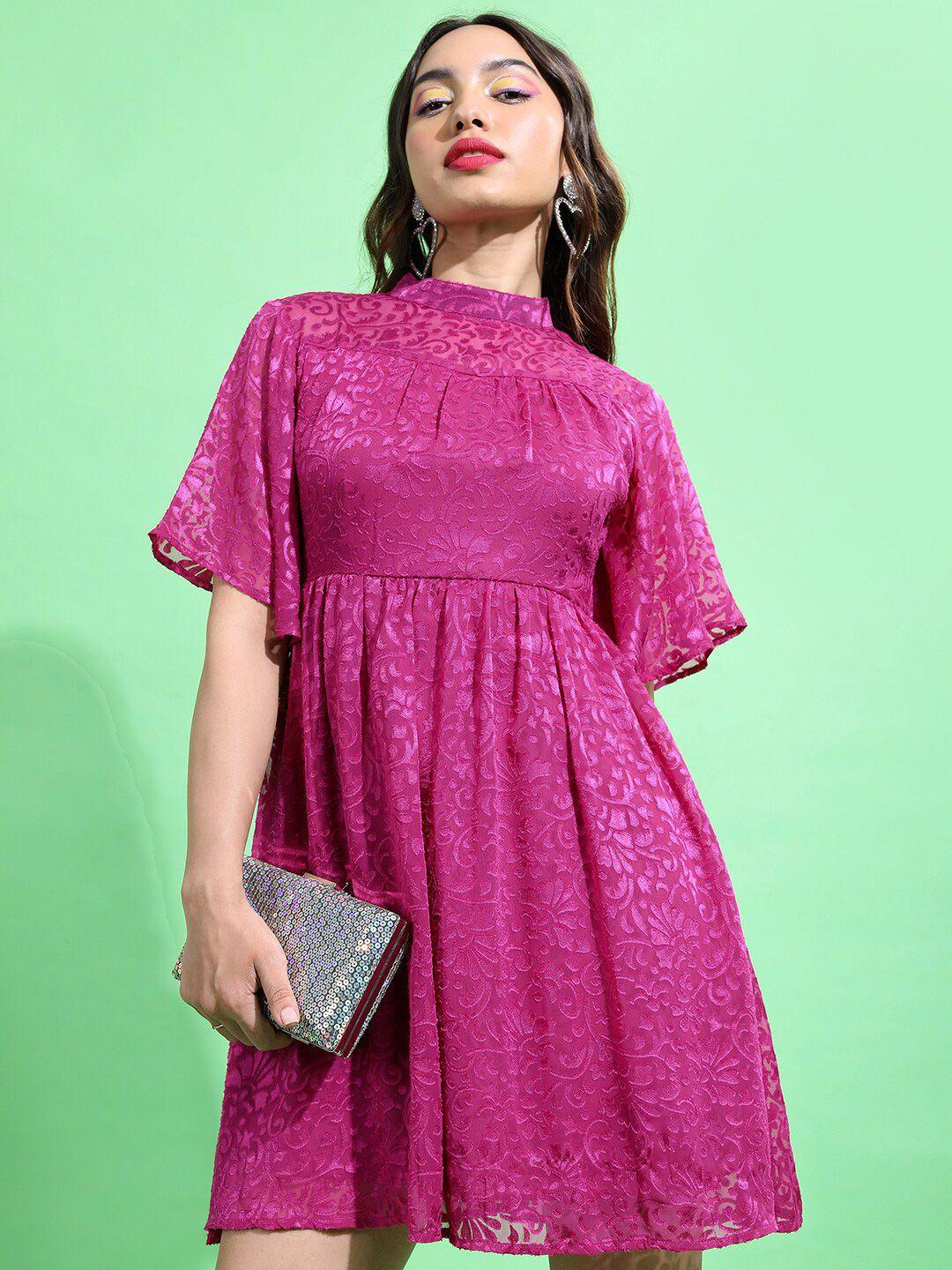 tokyo talkies pink high neck fit & flare dress
