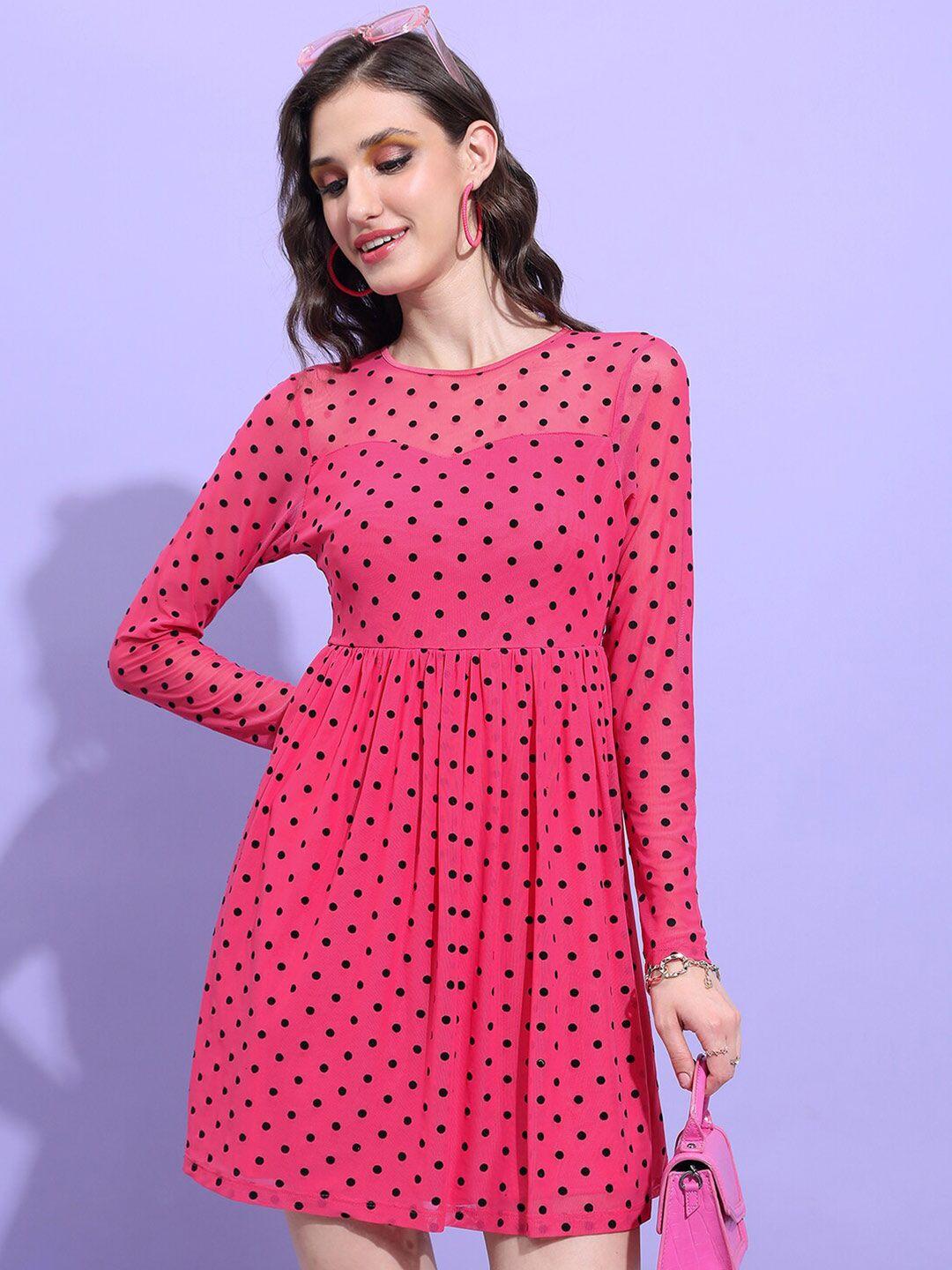 tokyo talkies pink polka dot printed gathered detailed fit & flare dress