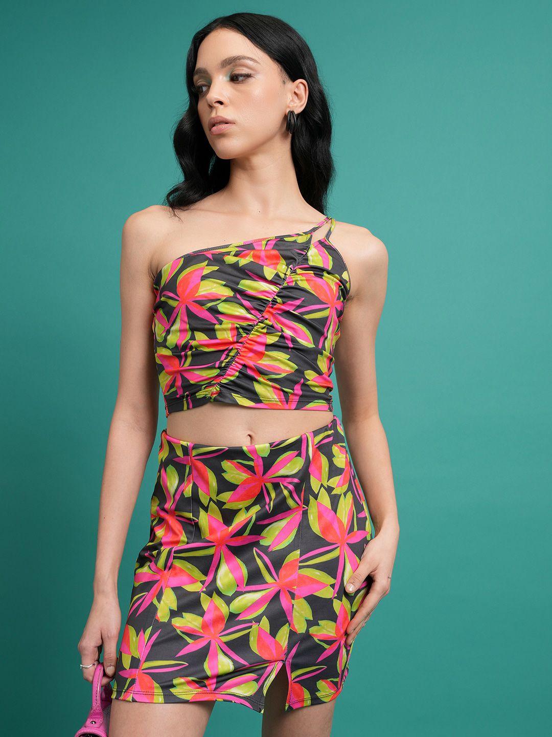 tokyo talkies pink printed one shoulder top & skirt