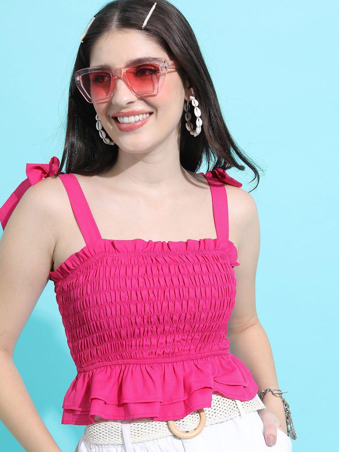 tokyo talkies pink shoulder strap smocking detailed crop fitted top