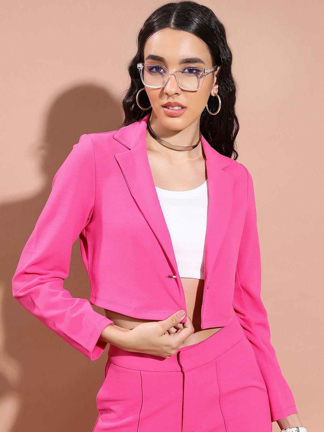 tokyo talkies pink single-breasted casual crop blazer