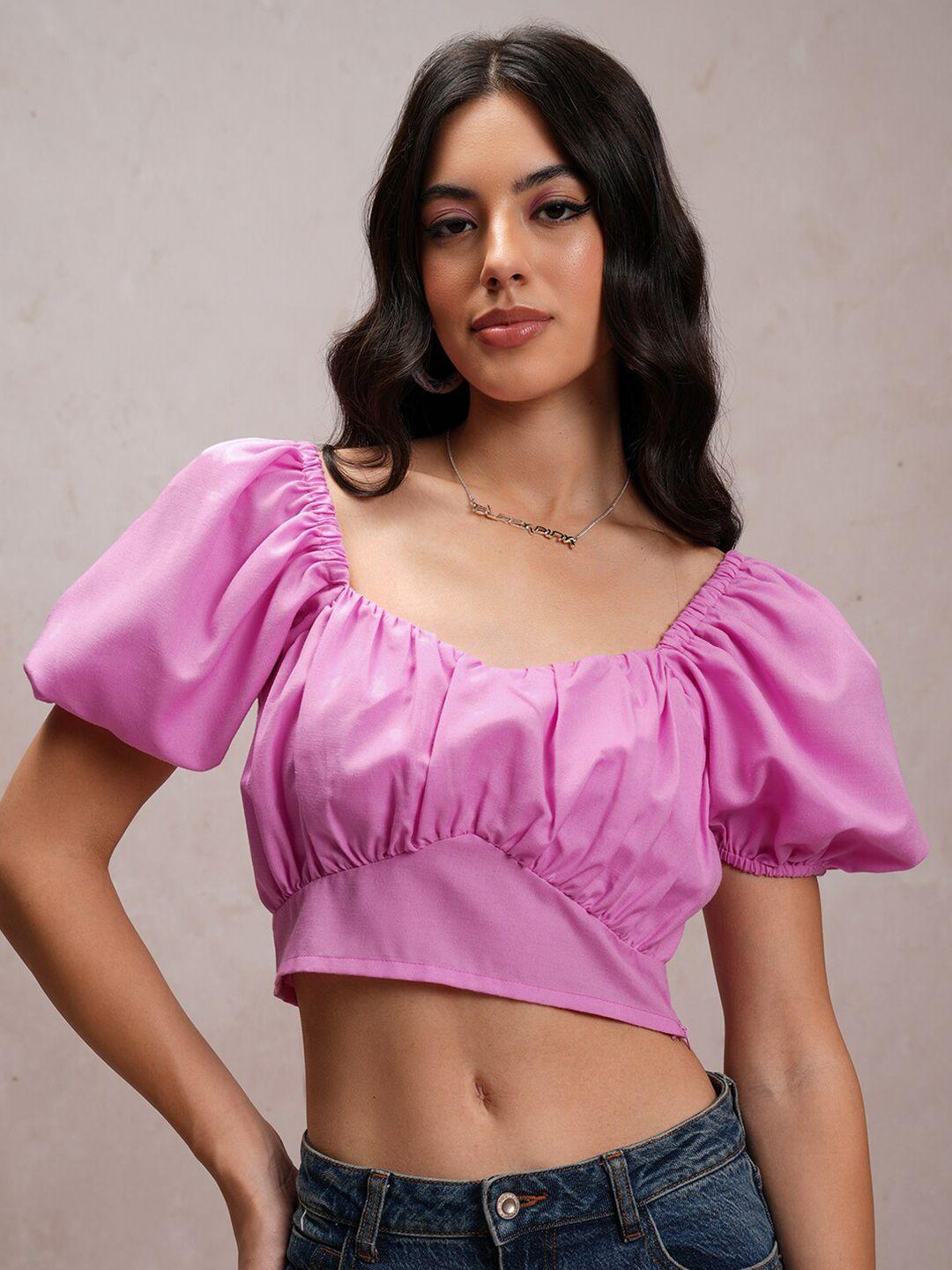 tokyo talkies pink square neck fitted crop top