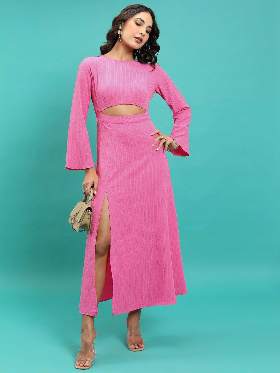 tokyo talkies pink striped flared sleeves cut-out detailed midi a-line dress