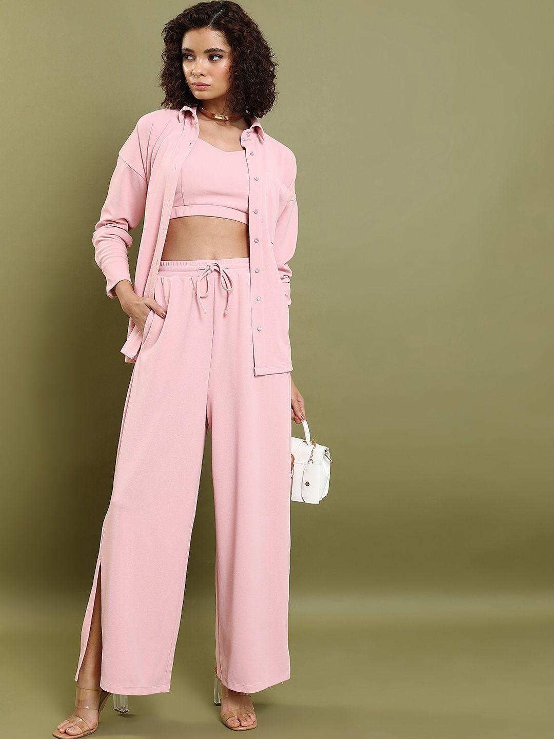 tokyo talkies pink v neck shoulder straps top & shirt with trouser