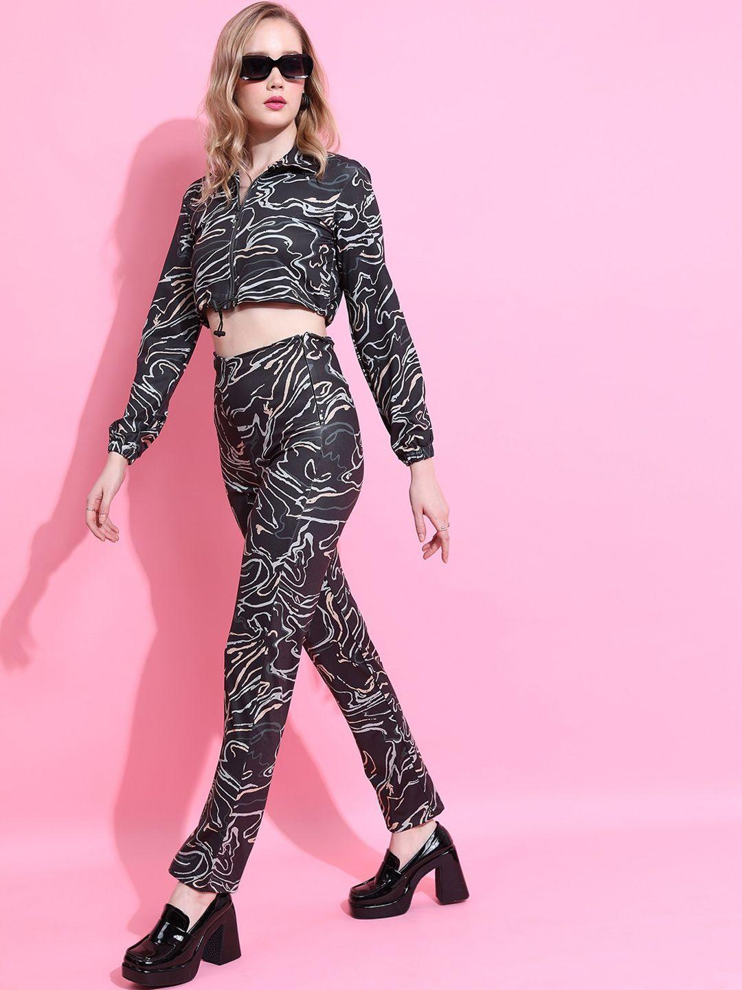 tokyo talkies printed black crop top & high-rise trousers co-ords