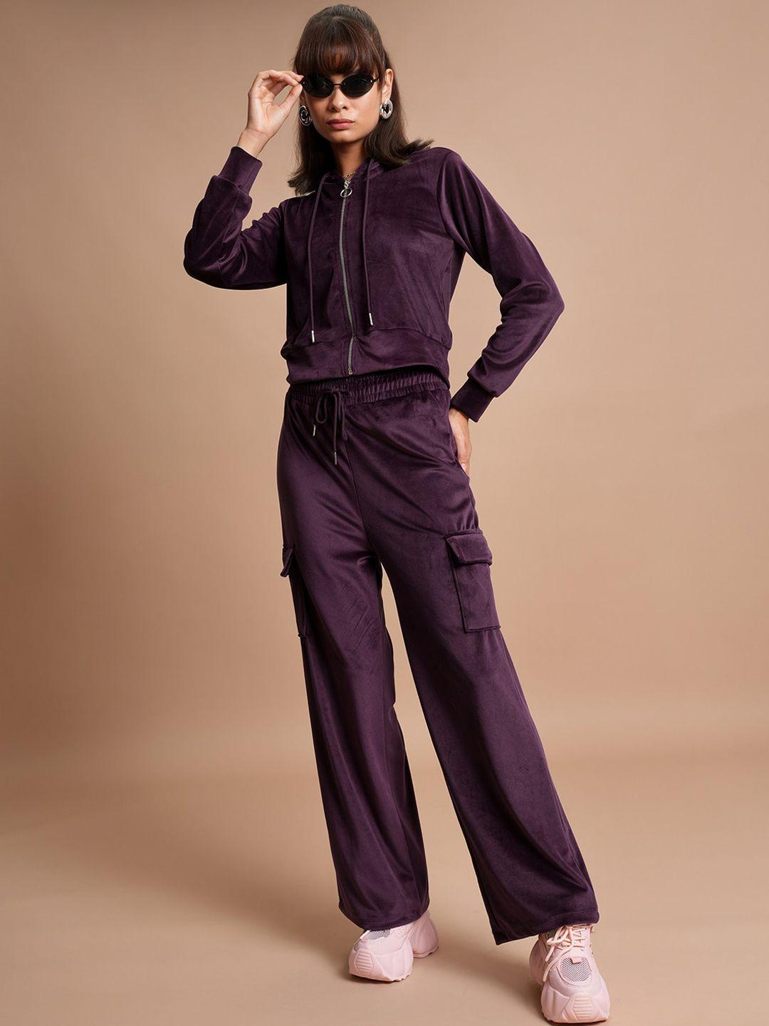 tokyo talkies purple cropped hooded sweatshirt with wide leg cargo pants