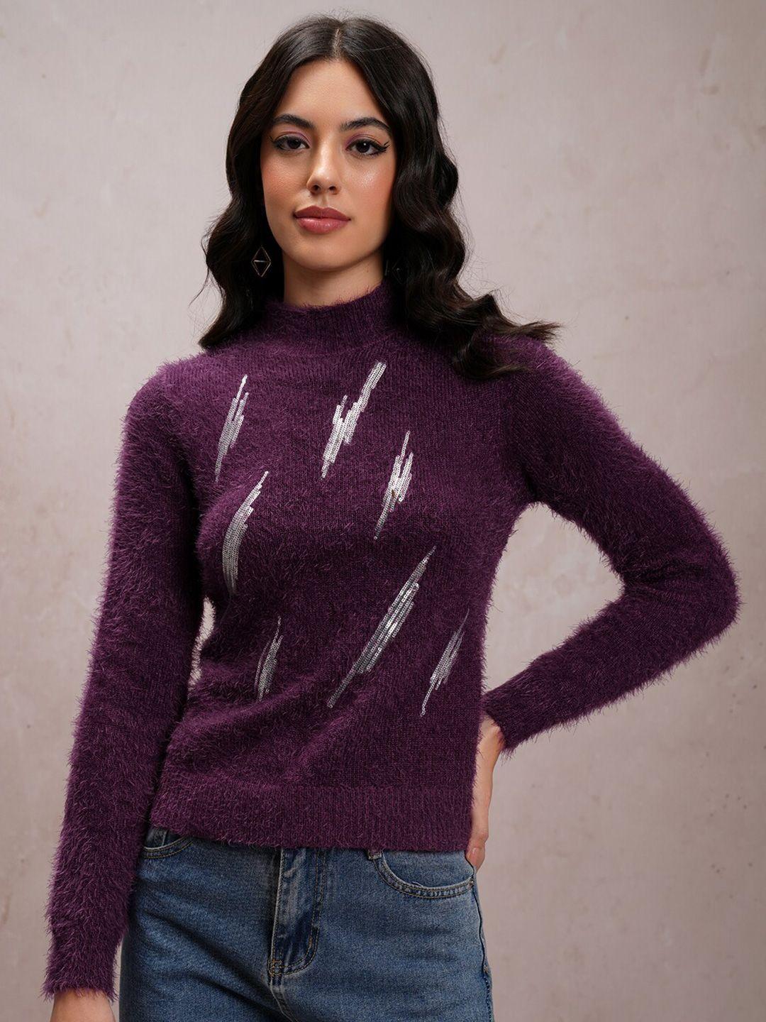 tokyo talkies purple embellished high neck acrylic pullover