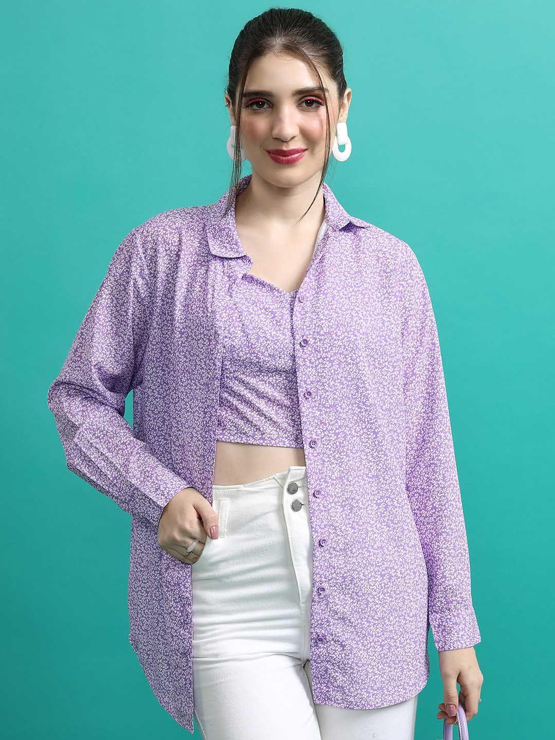 tokyo talkies purple floral printed shirt style top