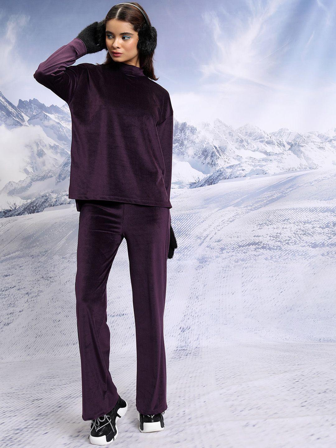 tokyo talkies purple high neck top & flared trouser co-ords