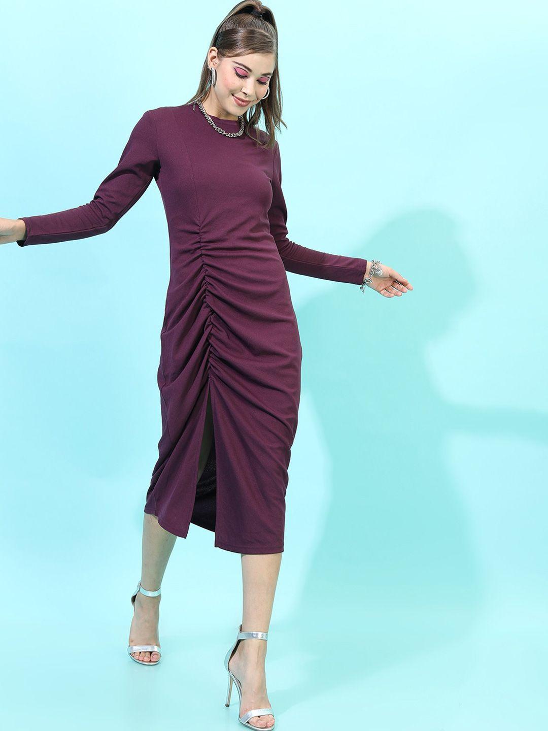 tokyo talkies purple long sleeves ruched sheath midi dress