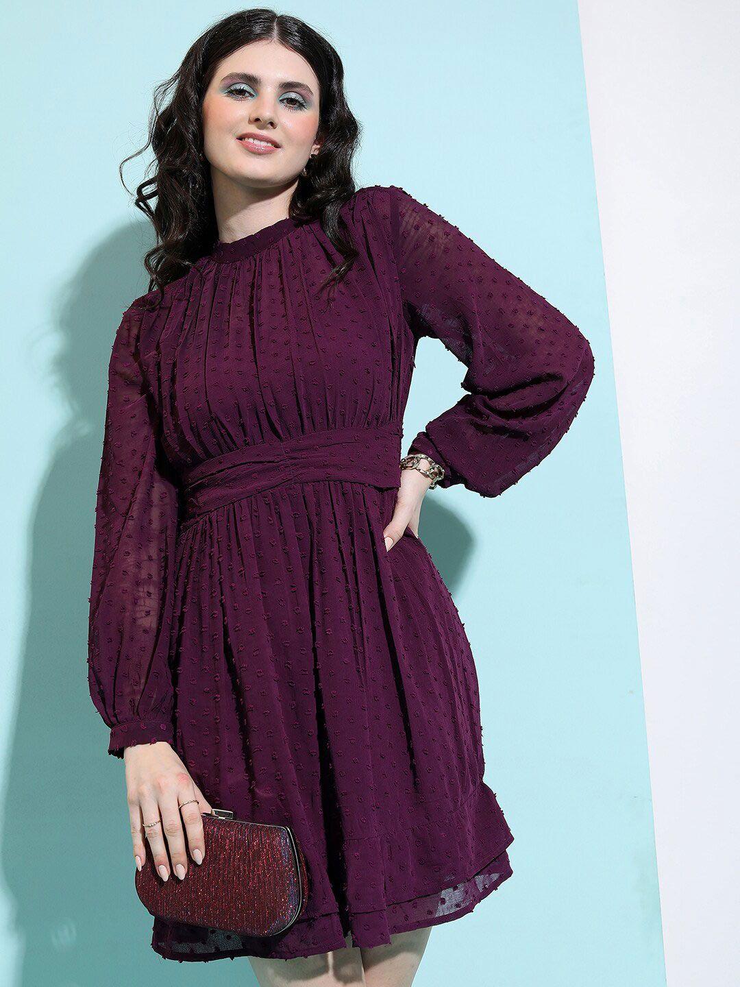 tokyo talkies purple self design puff sleeves gathered fit & flare dress