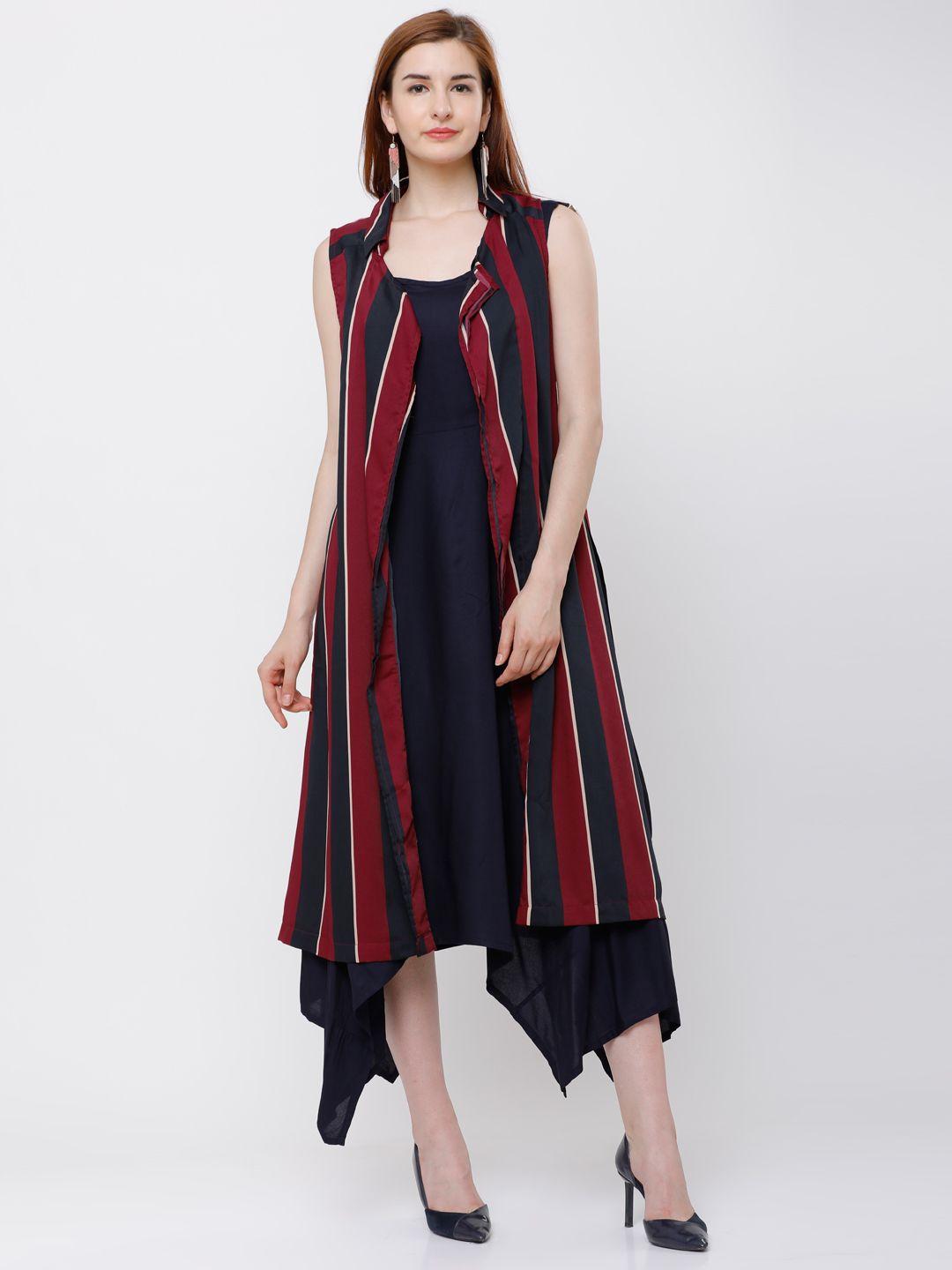 tokyo talkies red & navy blue striped open front shrug