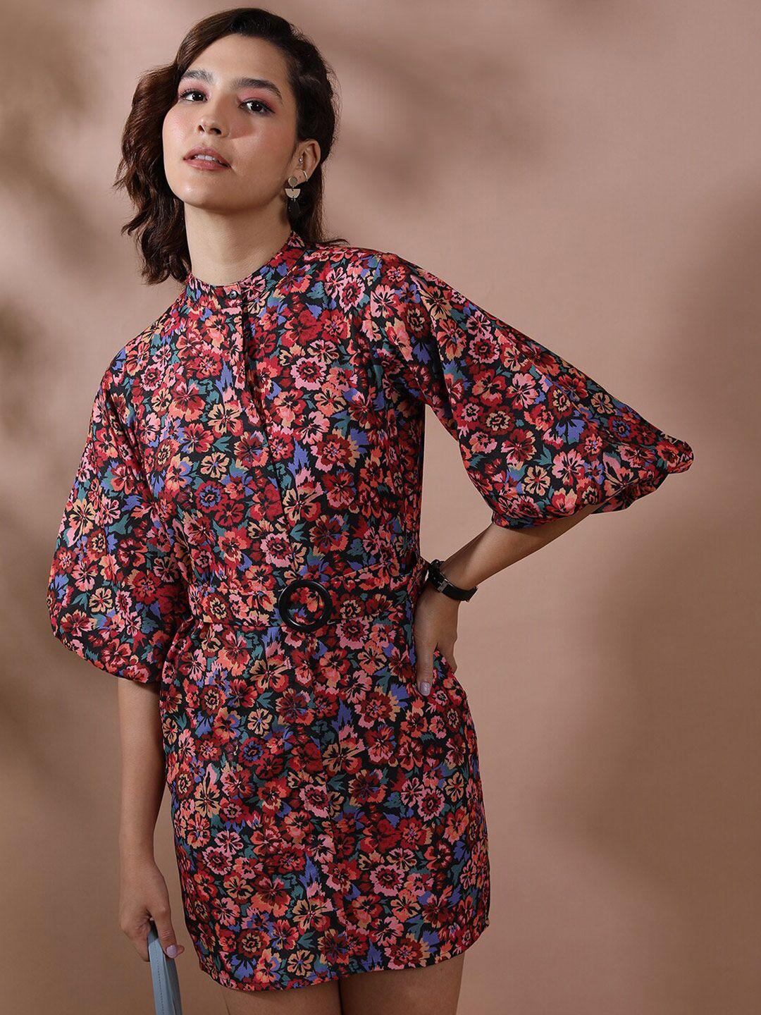 tokyo talkies red & pink floral printed flared sleeve shirt dress