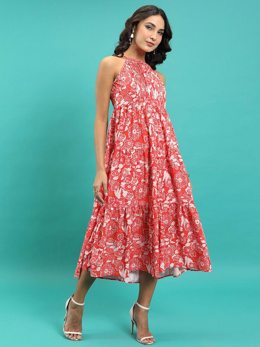 tokyo talkies red & white floral print empire midi tiered fit and flare dress