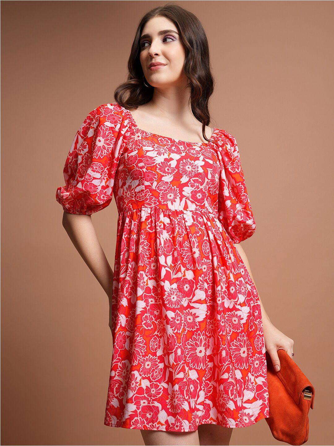 tokyo talkies red & white floral printed puff sleeves gathered fit & flare mini dress