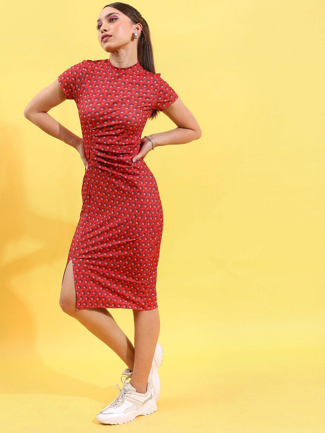 tokyo talkies red all over printed bodycon dress