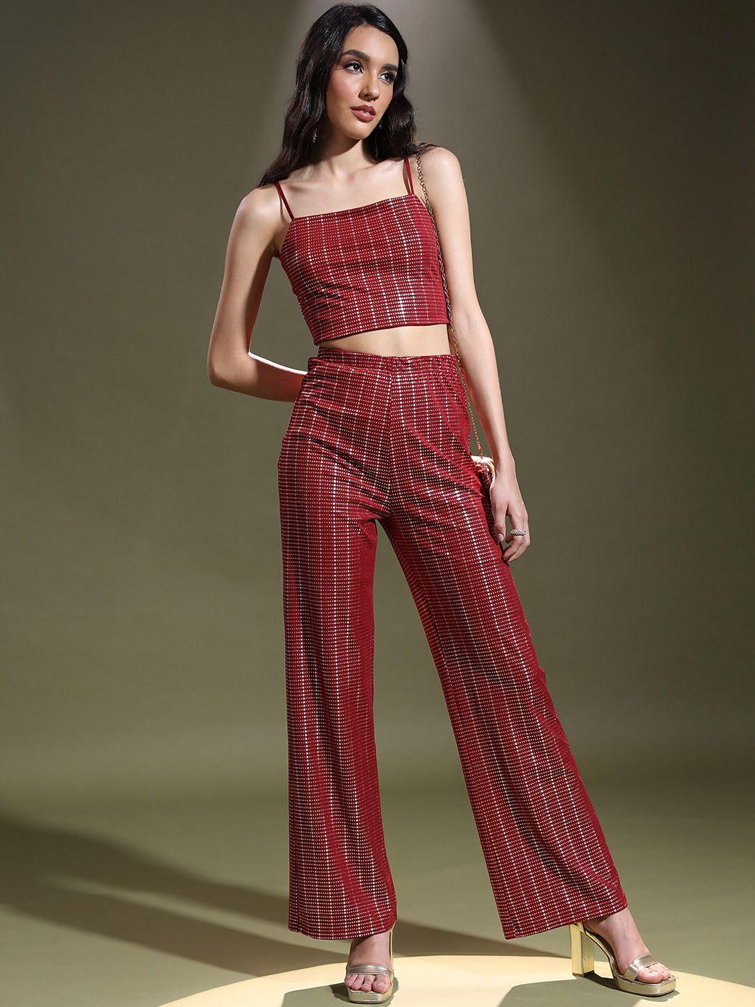 tokyo talkies red embellished shoulder strap top with trouser