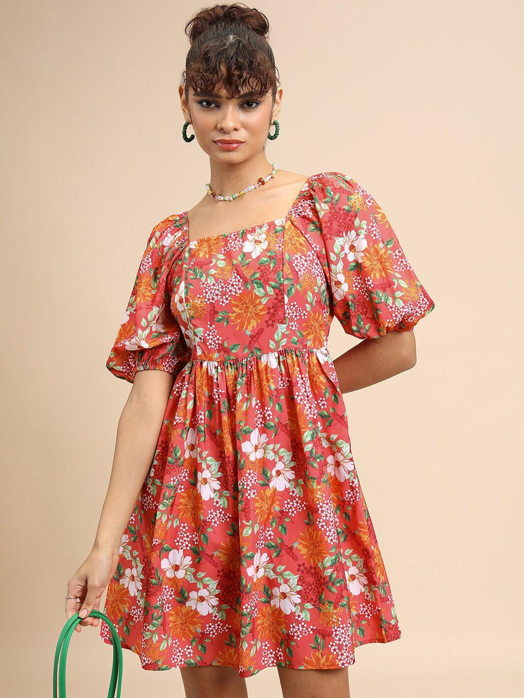 tokyo talkies red floral print square neck puff sleeves gathered fit & flare dress