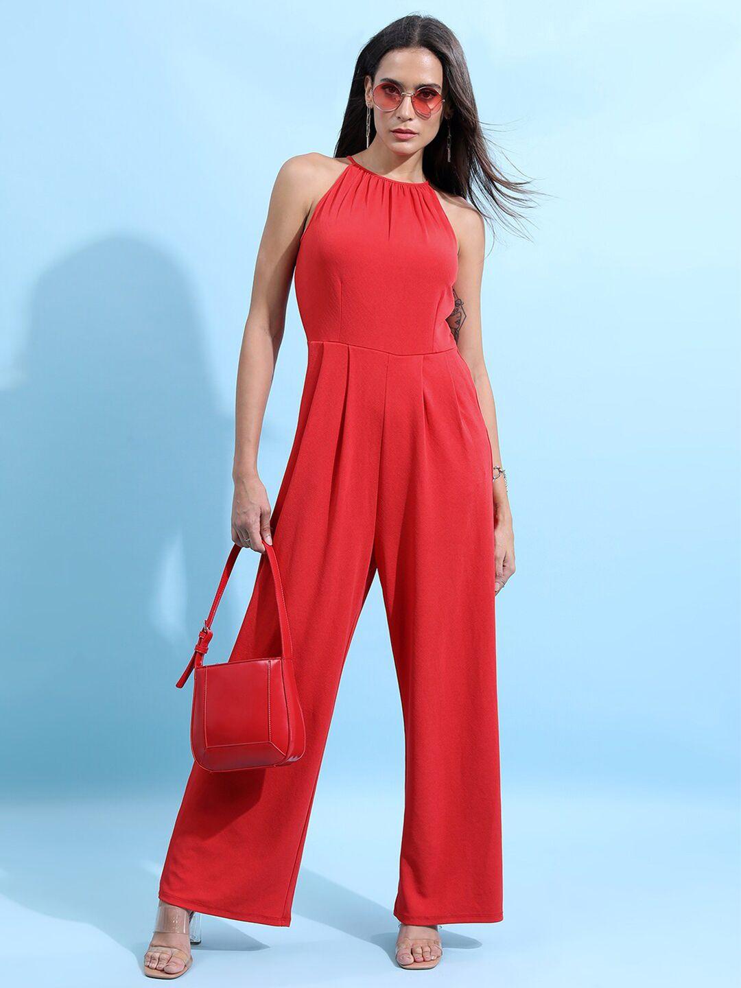 tokyo talkies red round neck sleeveless basic jumpsuit