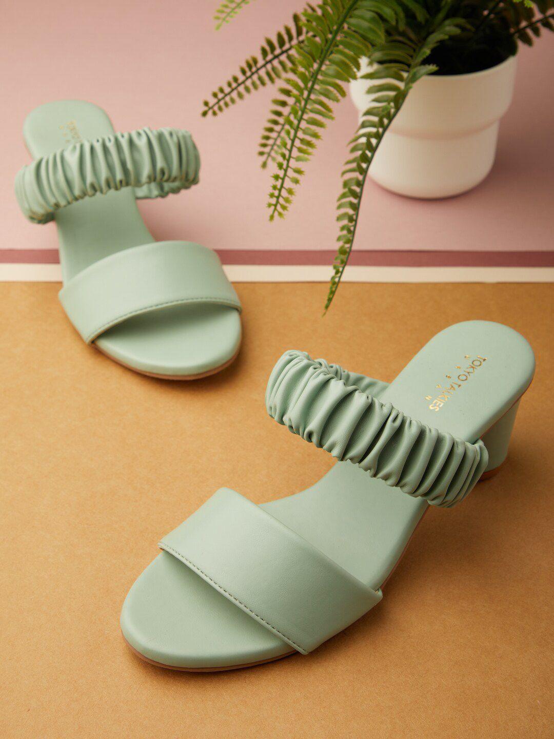 tokyo talkies sea green block open toe heels