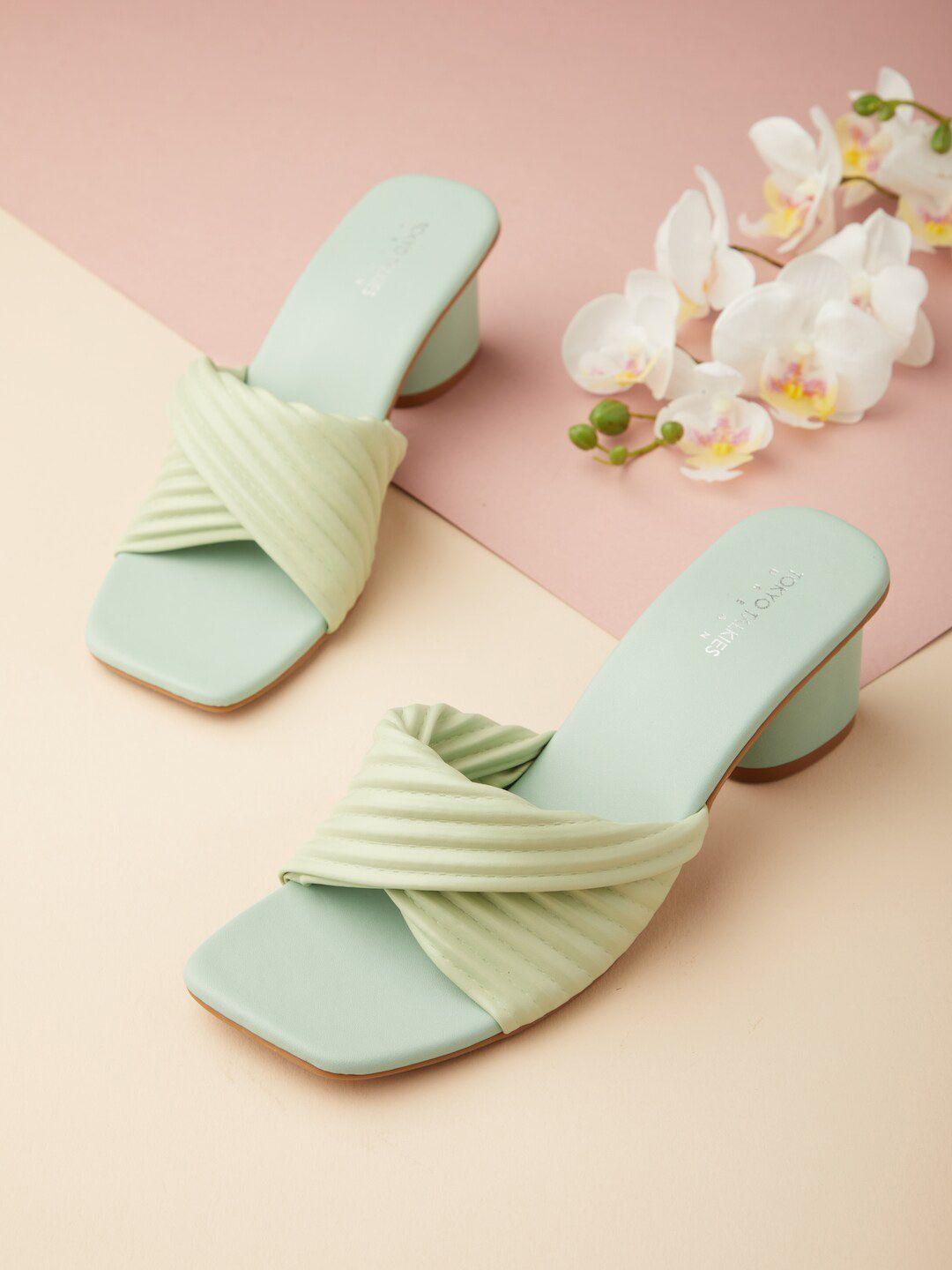 tokyo talkies sea green striped open toe block heels