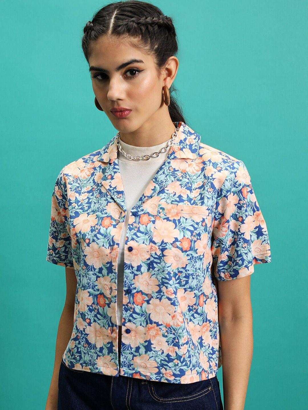 tokyo talkies shirt collar short sleeves floral print cotton shirt style top