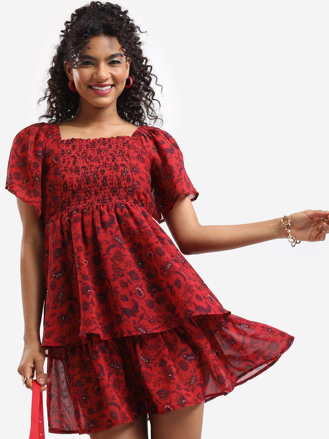 tokyo talkies square neck floral printed smocked layered fit and flare dress