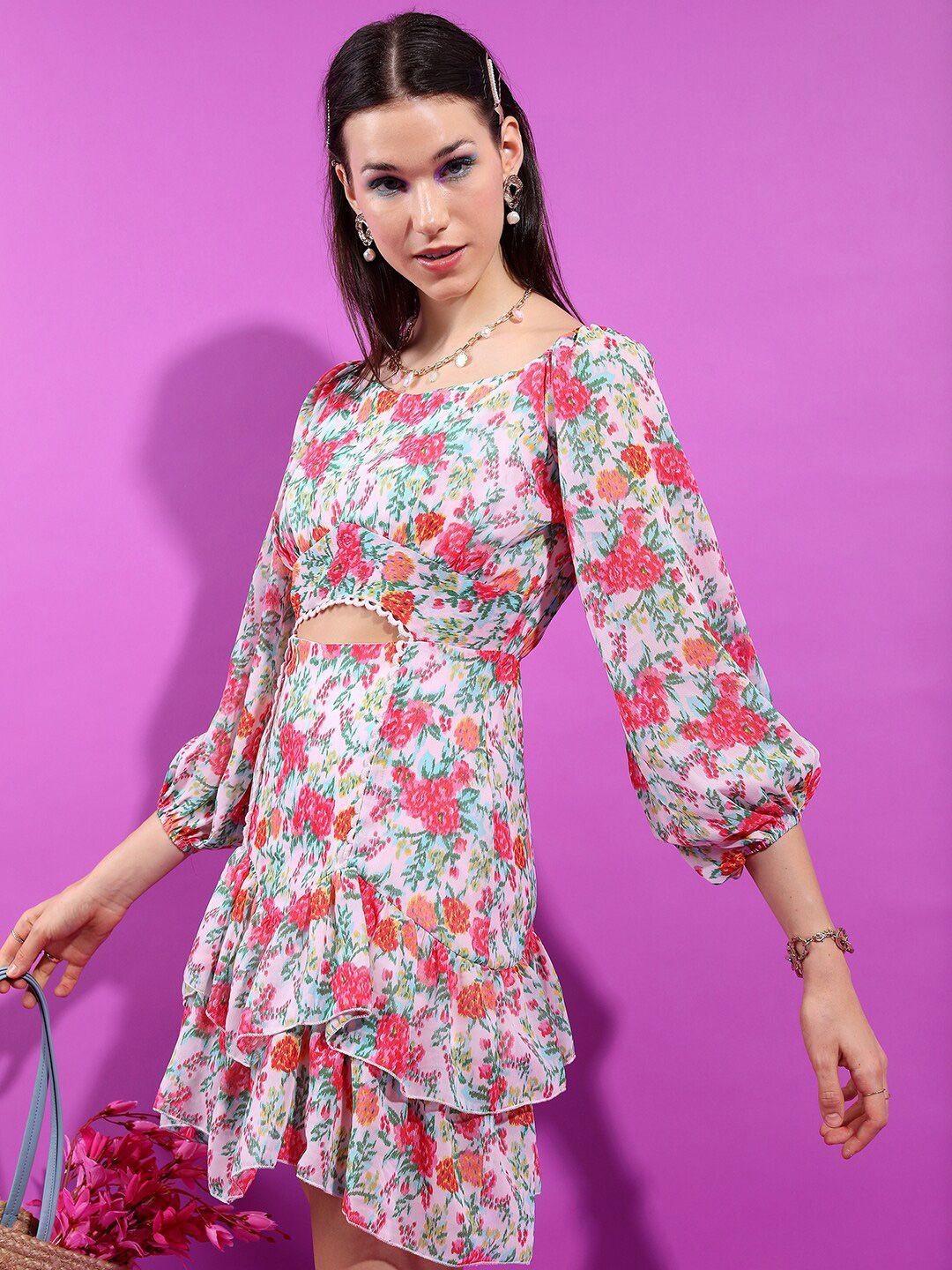 tokyo talkies sweetheart neck floral printed cut out layered smocked a-line dress