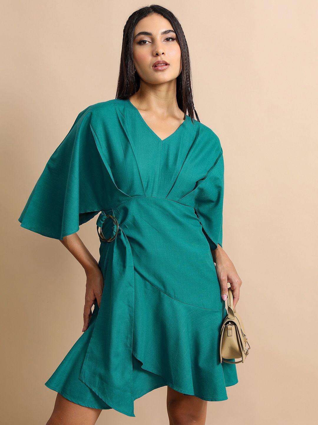 tokyo talkies teal flared sleeves v-neck wrap dress