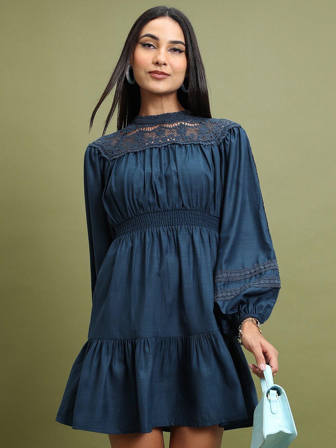tokyo talkies teal high neck cuffed sleeves fit & flare dress