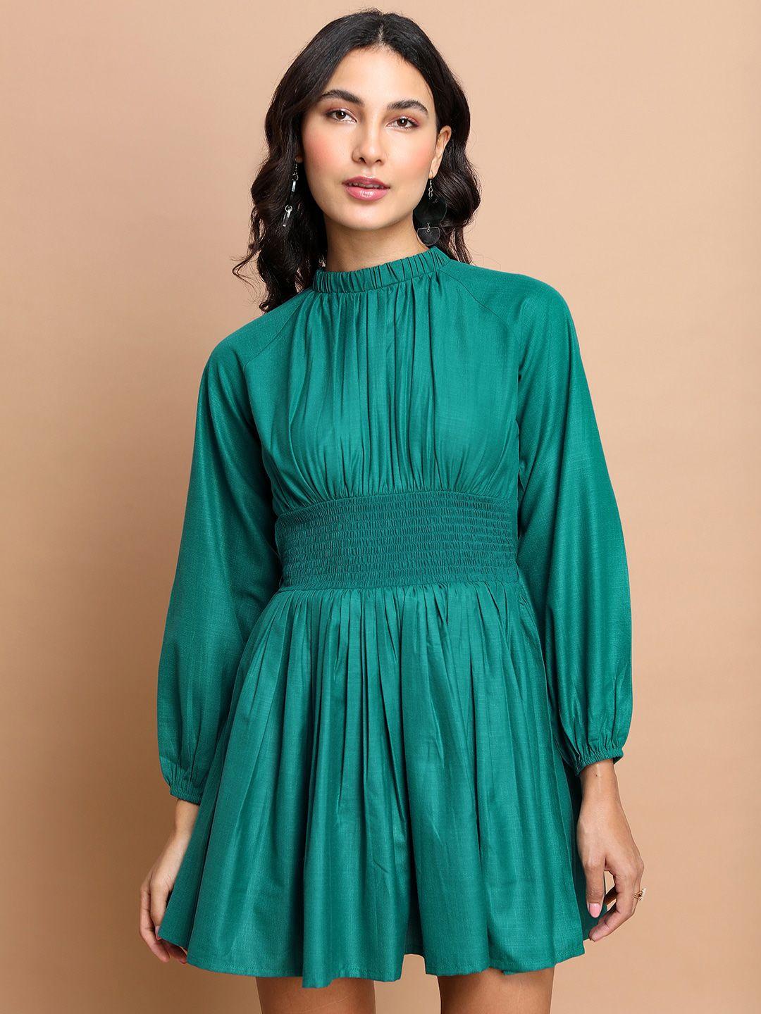 tokyo talkies teal high neck puff sleeves smocked fit & flare dress