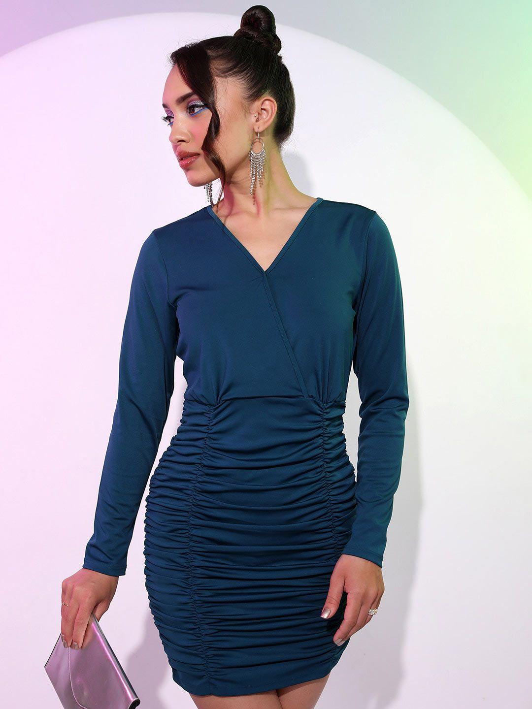 tokyo talkies teal v-neck ruched bodycon dress