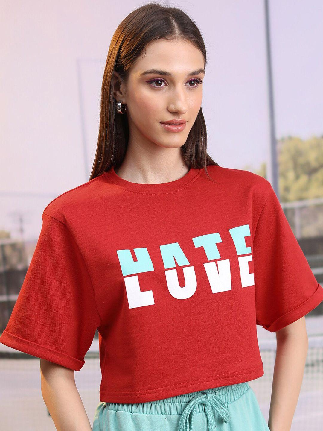 tokyo talkies typography printed drop-shoulder sleeves oversized crop t-shirt