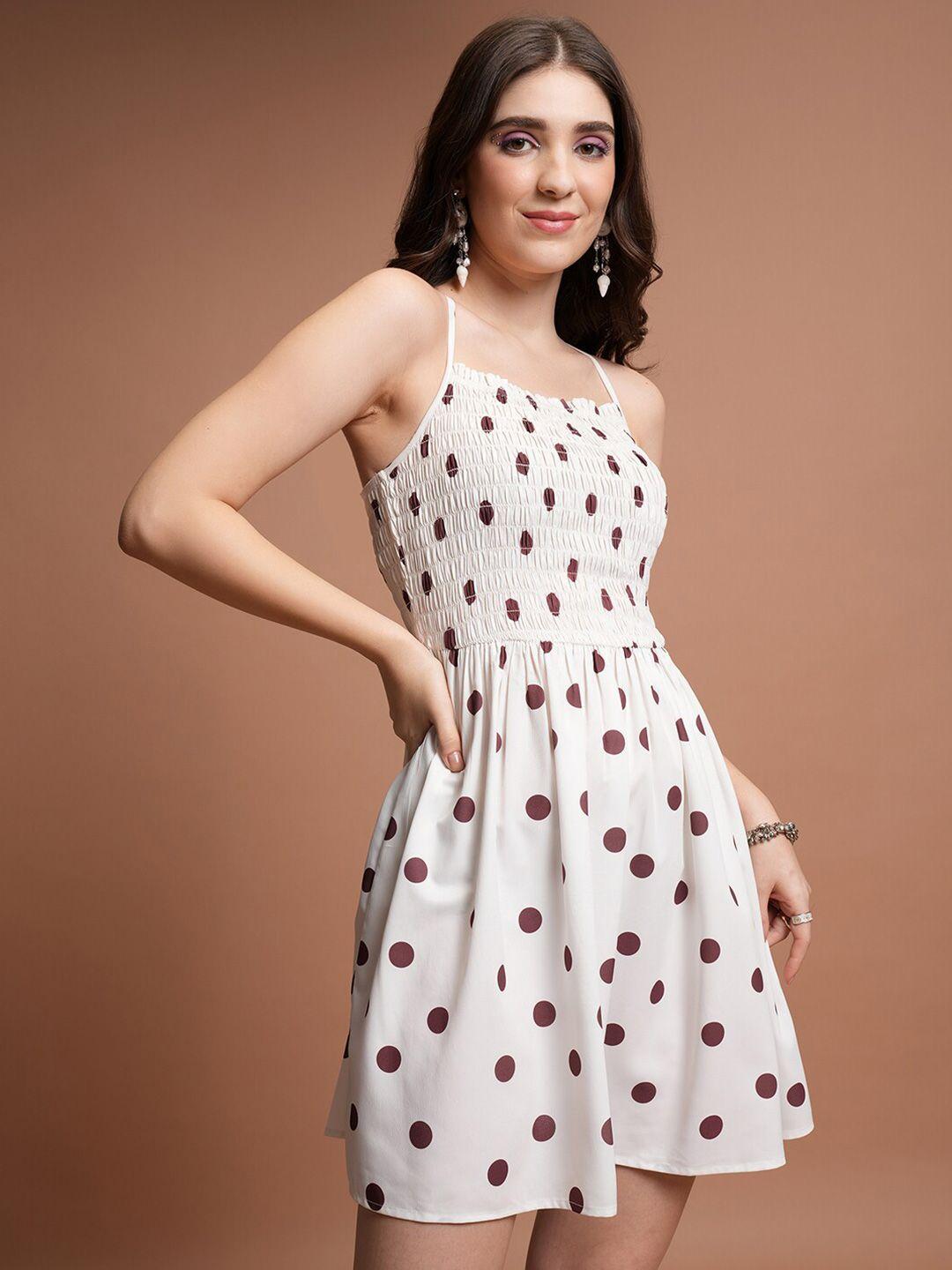 tokyo talkies white & brown polka dots printed smocked fit & flare dress