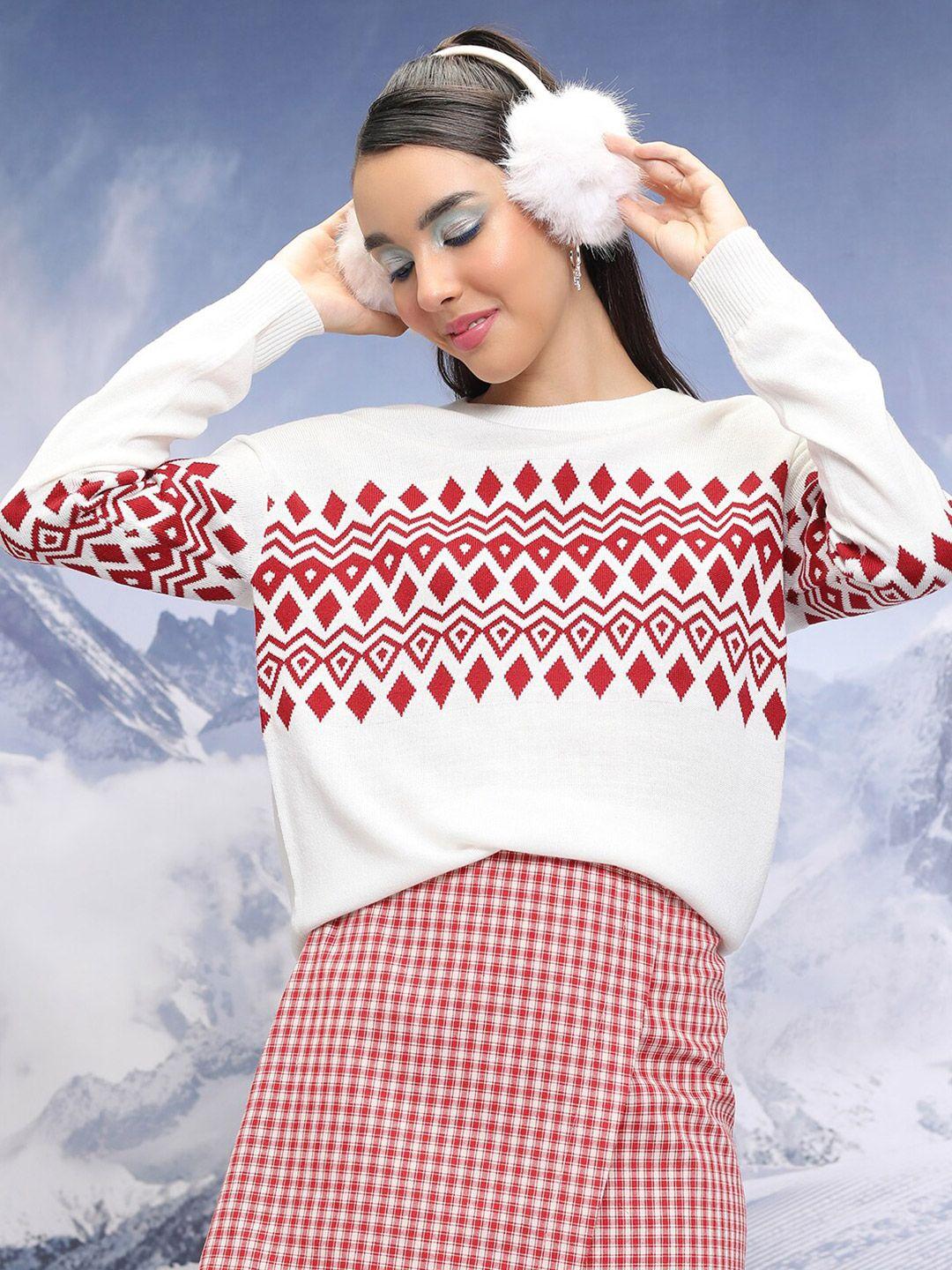 tokyo talkies white geometric printed acrylic pullover sweater